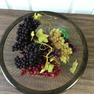Crystal Bowl Metal Pedestal plus Faux Grapes