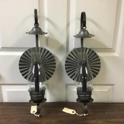 Set of 2 Aluminum Wall Sconces with Hurricane Glass
