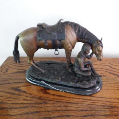 LOT 4 BRONZE TABLE TOP STATUTE GIRL WITH HORSE
