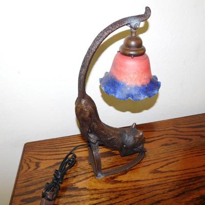 LOT 19 Metal Cat Lamp with Glass Shade