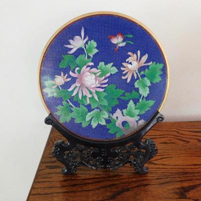 LOT 20 Blue Cloisonne Decorative Plate with wood stand