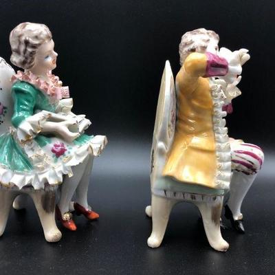 Wale Black & Gold label - Musician Couple Flute Player & Singer - Two Dresden Style Figurines