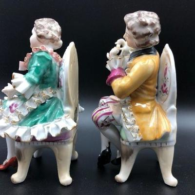 Wale Black & Gold label - Musician Couple Flute Player & Singer - Two Dresden Style Figurines