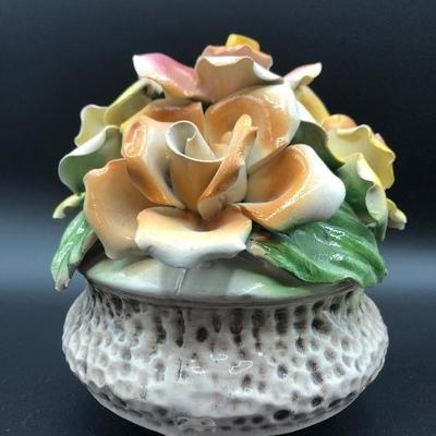 Capodimonte roses in three footed bowl porcelain flowers Italian ceramic