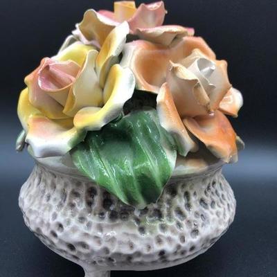 Capodimonte roses in three footed bowl porcelain flowers Italian ceramic