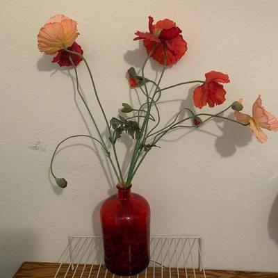 LOT 101 Home Decor Red Bottle with flowers, glass bowl, shelf