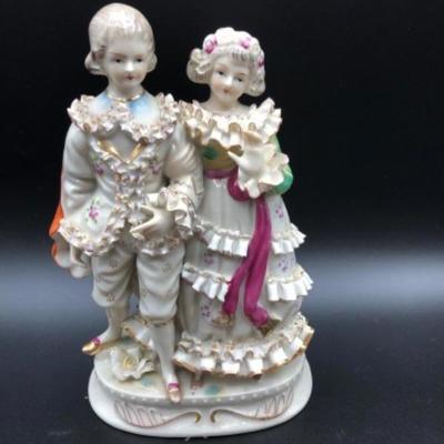 Dresden site style ceramic porcelain figurine couple boy and girl arm in arm