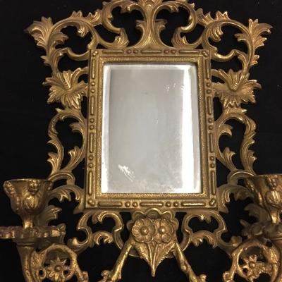 Victorian Brass Beveled Mirror and Candleholders 