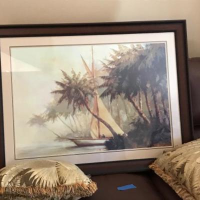 Tropical Palm Tree and Sailboat Beach Surf Scene Framed Print