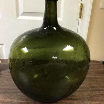 Large Green Glass Bottle - Signed