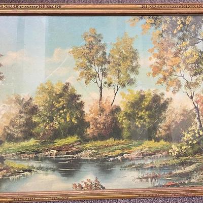 Vintage Pond Surrounded by Trees Print. 