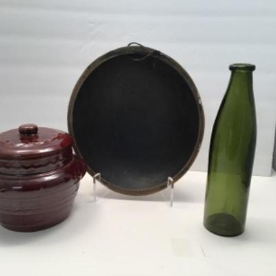 Vintage Baked Bean Pot, Old Green Bottle, Handcarved Wooden Bowl 