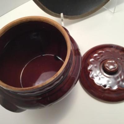 Vintage Baked Bean Pot, Old Green Bottle, Handcarved Wooden Bowl 