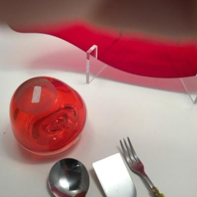 Red Glass Tray Plate, Glass Apple, 3 Serving Tools