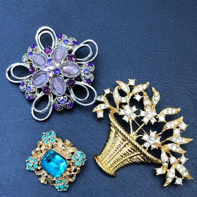 3 Contemporary Vintage Style Colorful Floral Brooches/Pins