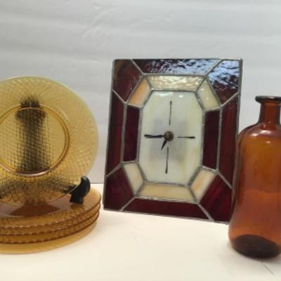 Amber Glass Lot - Vintage Bottle, Clock, 4 Pressed Glass Plates