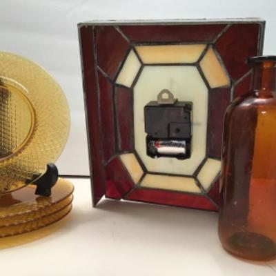 Amber Glass Lot - Vintage Bottle, Clock, 4 Pressed Glass Plates