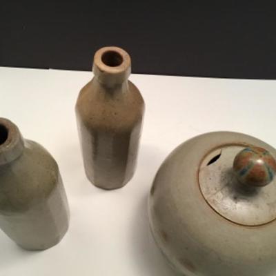 Two ceramic bottles vintage unsigned and one ceramic signed pot with