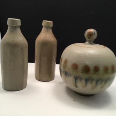 Two ceramic bottles vintage unsigned and one ceramic signed pot with