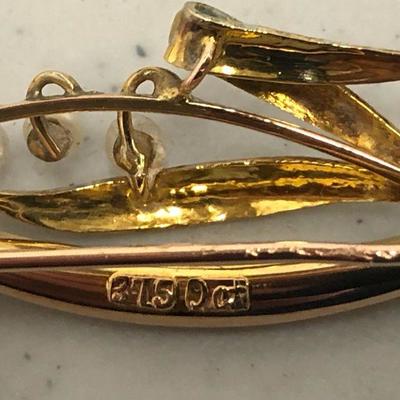 9 kt gold brooch pin with 21 small authentic pearls 
