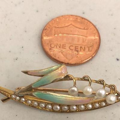 9 kt gold brooch pin with 21 small authentic pearls 