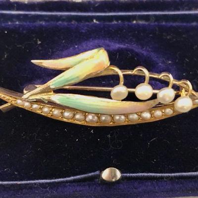 9 kt gold brooch pin with 21 small authentic pearls 