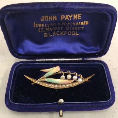 9 kt gold brooch pin with 21 small authentic pearls 