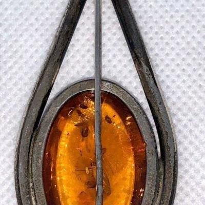 2â€ Teardrop Real Amber Brooch Set In Sterling Silver W Entrapments