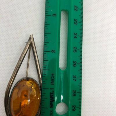 2â€ Teardrop Real Amber Brooch Set In Sterling Silver W Entrapments