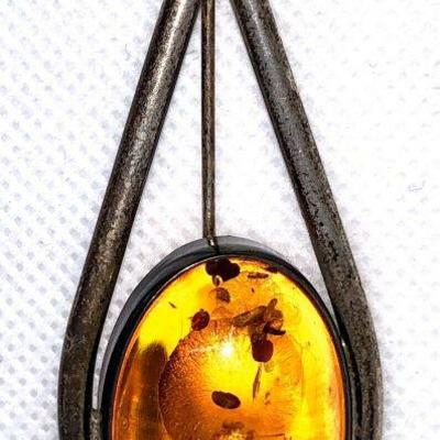 2â€ Teardrop Real Amber Brooch Set In Sterling Silver W Entrapments