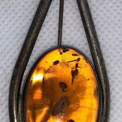 2â€ Teardrop Real Amber Brooch Set In Sterling Silver W Entrapments