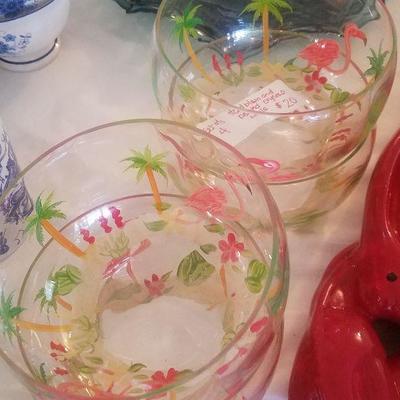 Set of 4 Handpainted Glass Bowls Pink Flamingo Bowls