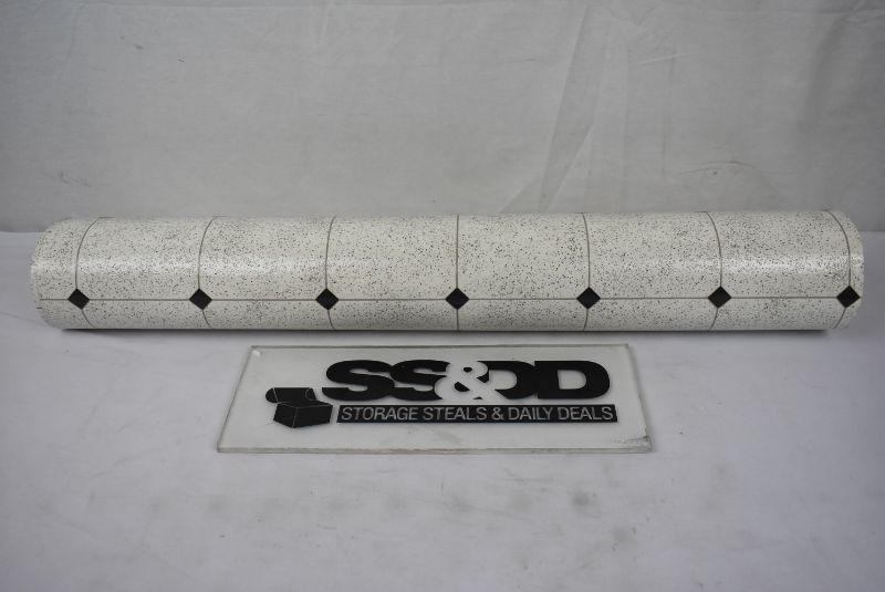 Linoleum Piece, White with Black Squares, Gray Lines, Speckles, 29" x 107"