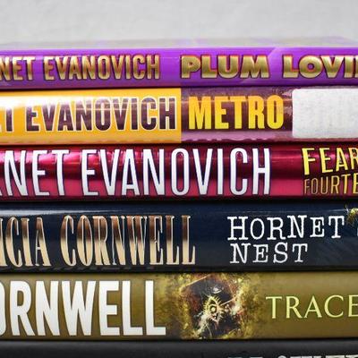 9 Hardcover Fiction Books: Janet Evanovich, Patricia Cornwell, & Sandra Brown