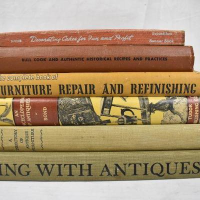 6 Vintage Hardcover Books. Antique Furniture & Cooking Books