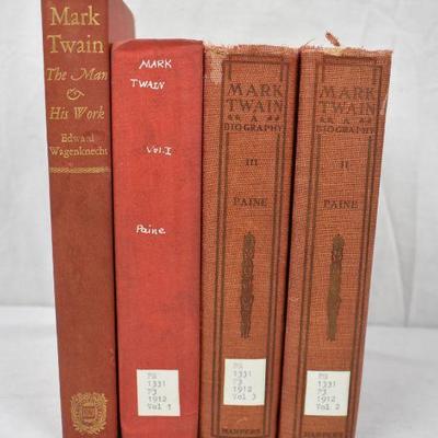 4 Hardcover Non-Fiction Books about Mark Twain & His Works, Antique 1912