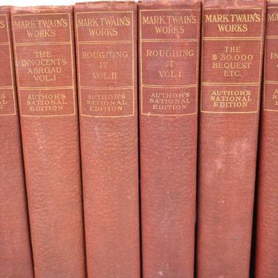 16 RED Hardcover Fiction Books: The Works of Mark Twain, Antique 1899
