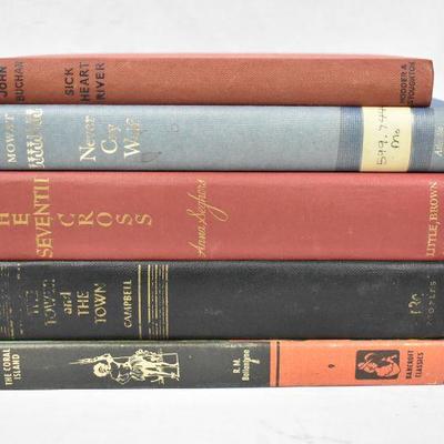 5 Hardcover Fiction Adventure Books: Sick Heart River -to- Coral Island, Vintage