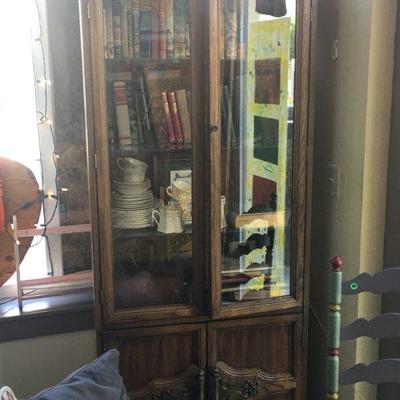 70's glass hutch, lighted inside.  (plus everything inside for sale, too!!)