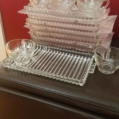 Vintage Atlas Clear Glass Snack Plates Set of 8 and 7 clear glass cups