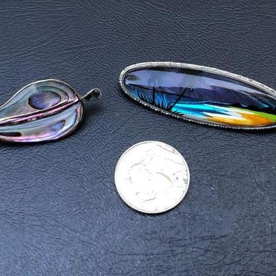 Pair of Sterling Silver Abalone and Painted Enamel Brooches Pins