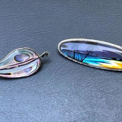 Pair of Sterling Silver Abalone and Painted Enamel Brooches Pins