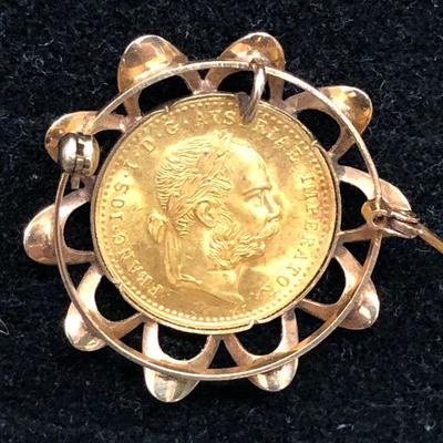 24kt Gold 1915 Austrian Ducat Coin in 14kt mounted pin