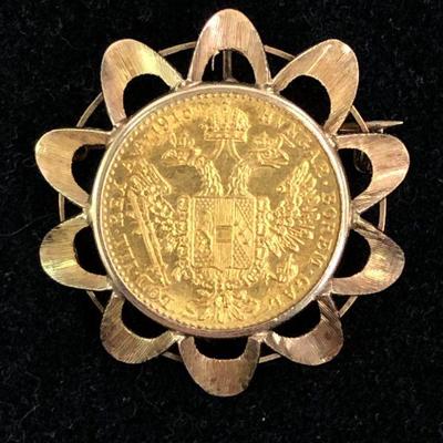 24kt Gold 1915 Austrian Ducat Coin in 14kt mounted pin