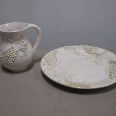 Lot 21 - Ceramic Pitcher & Plate Grape Leaves & Grapes Pattern Made In Italy