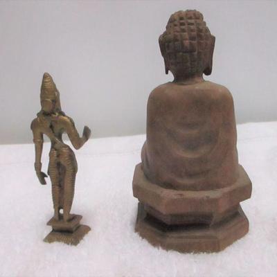 Lot 58 - Indian Brass Figure & Thai Buddha Wood Figure