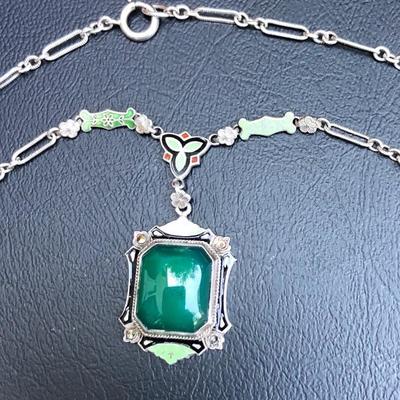 Vintage 1920â€™s Art Deco Enamel and Green Onyx Necklace