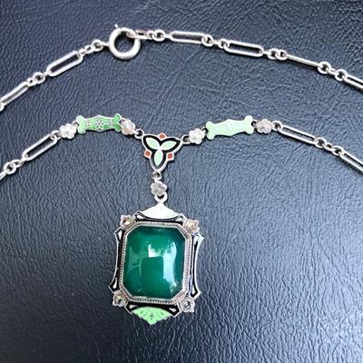 Vintage 1920â€™s Art Deco Enamel and Green Onyx Necklace