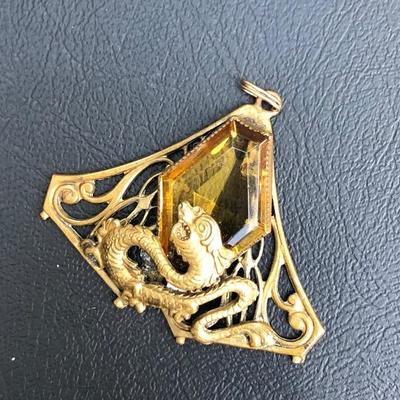 Asian Inspired Art Nouveau Style Griffin &Yellow Stone Pendant