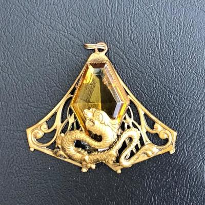 Asian Inspired Art Nouveau Style Griffin &Yellow Stone Pendant